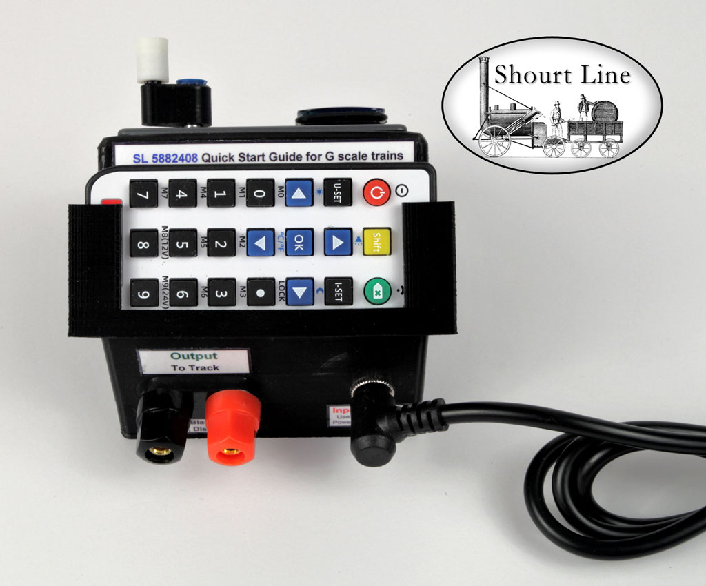 SL-DC-8-SPS-Set: Any Gauge SL 5882408 400W 50V 8.1A Max. Precision Digi Throttle w IR Remote Control + SL 5112408 Regulated PS 24V 8A AC supply w AC cord top back rear view with IR Control in holder